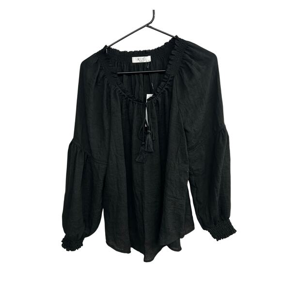 R/C The Brand Black Boho Peasant Top Small Balloon Sleeve Tassel Tie - Picture 2 of 8